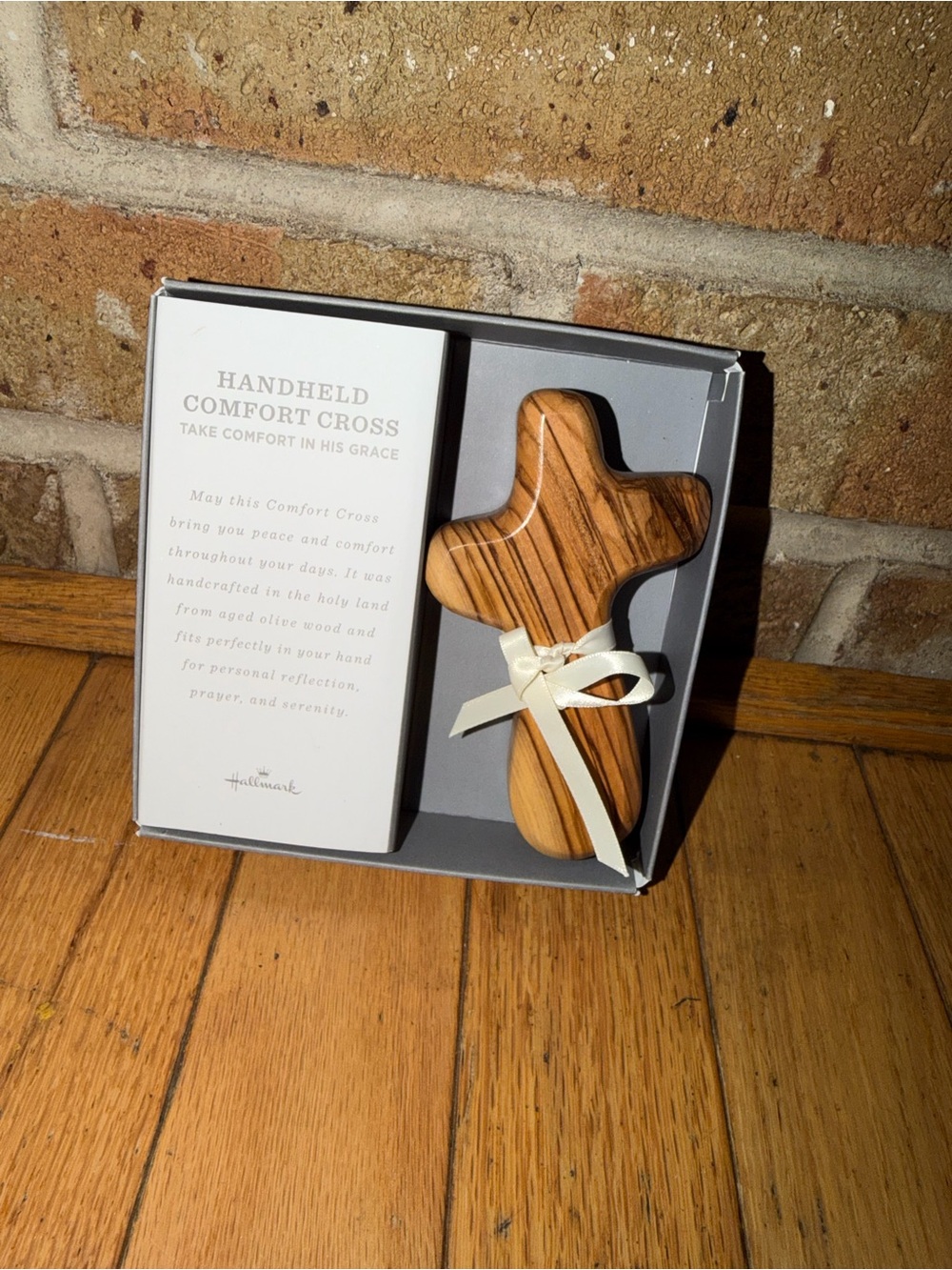 Hallmark Handheld Comfort Cross in Natural Wood and Cream Ribbon